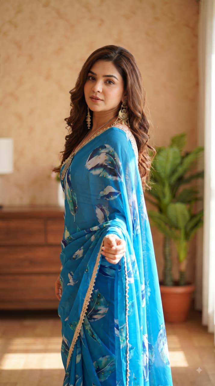 Premium Multicolor Floral Print Saree Collection with Elegant Lace Border – Party Wear