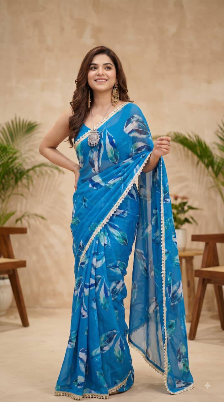 Premium Multicolor Floral Print Saree Collection with Elegant Lace Border – Party Wear