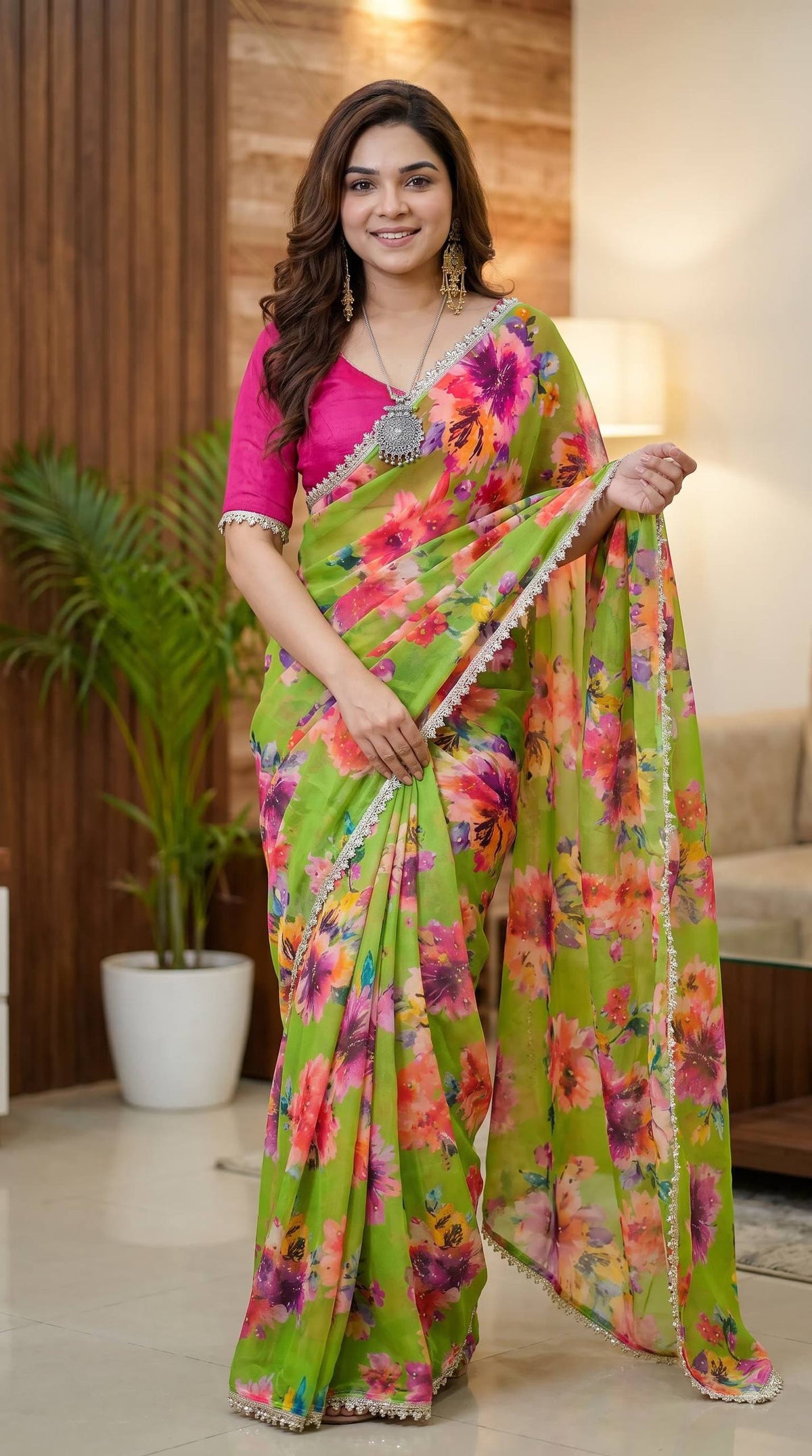 Premium Multicolor Floral Print Saree Collection with Elegant Lace Border – Party Wear