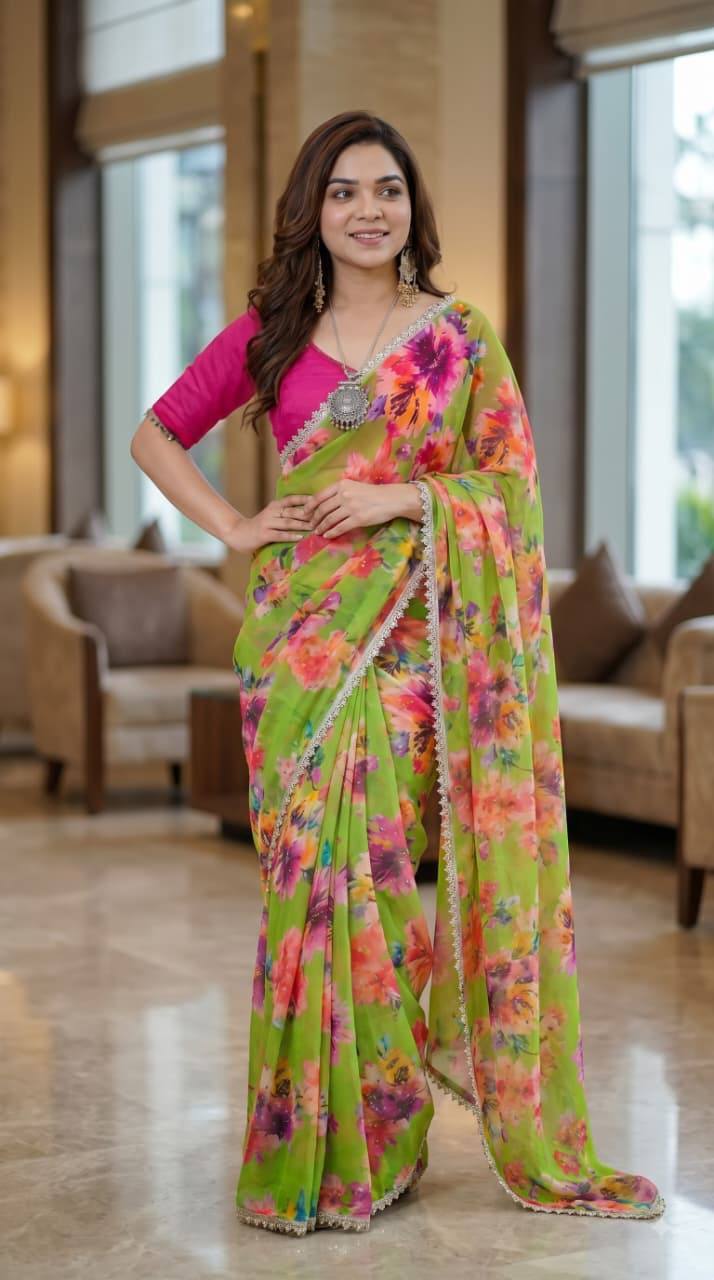 Premium Multicolor Floral Print Saree Collection with Elegant Lace Border – Party Wear