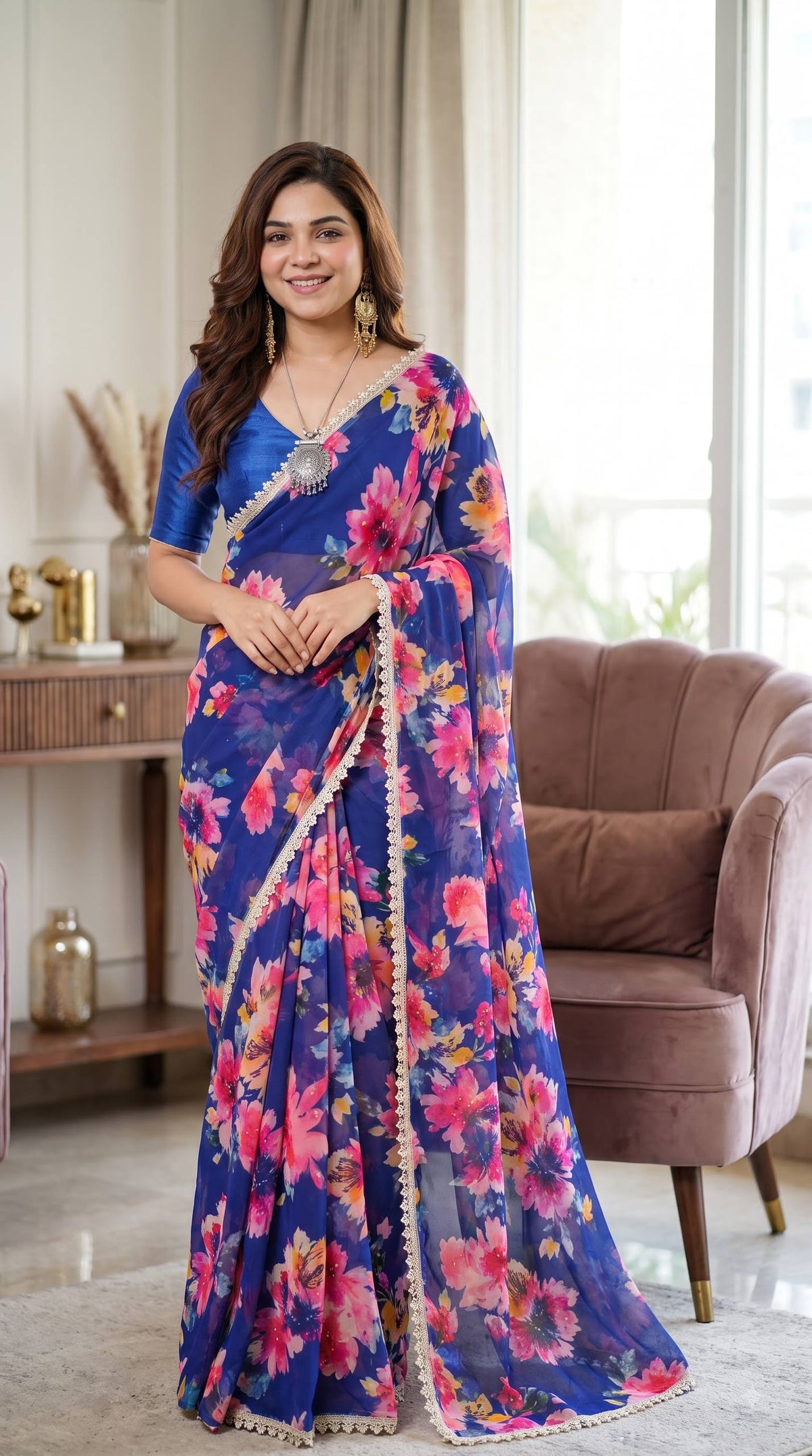Premium Multicolor Floral Print Saree Collection with Elegant Lace Border – Party Wear