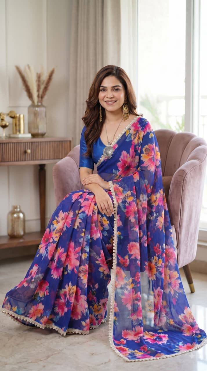 Premium Multicolor Floral Print Saree Collection with Elegant Lace Border – Party Wear