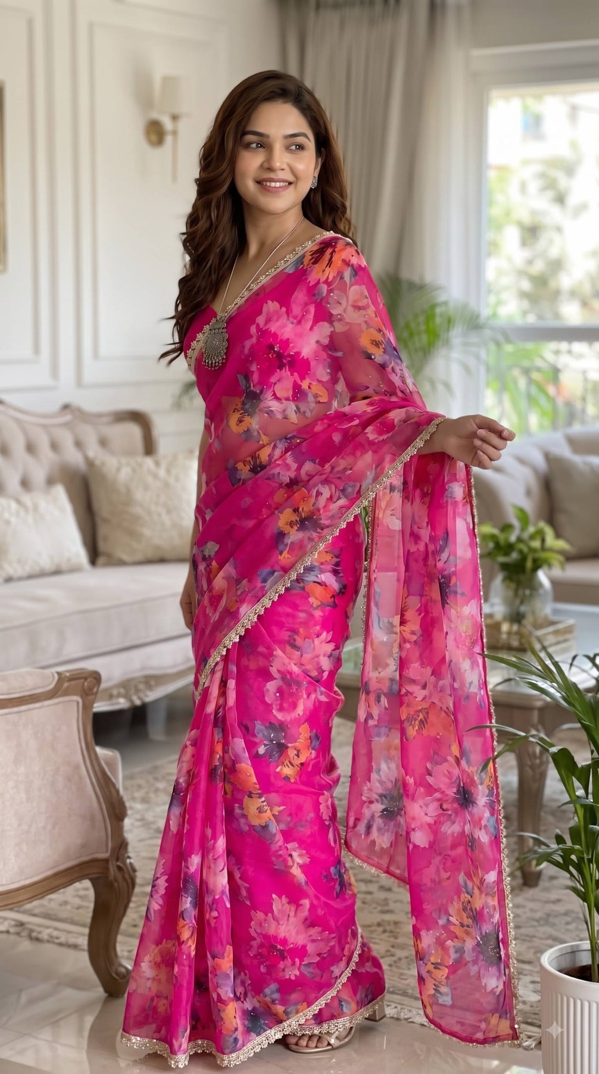 Premium Multicolor Floral Print Saree Collection with Elegant Lace Border – Party Wear