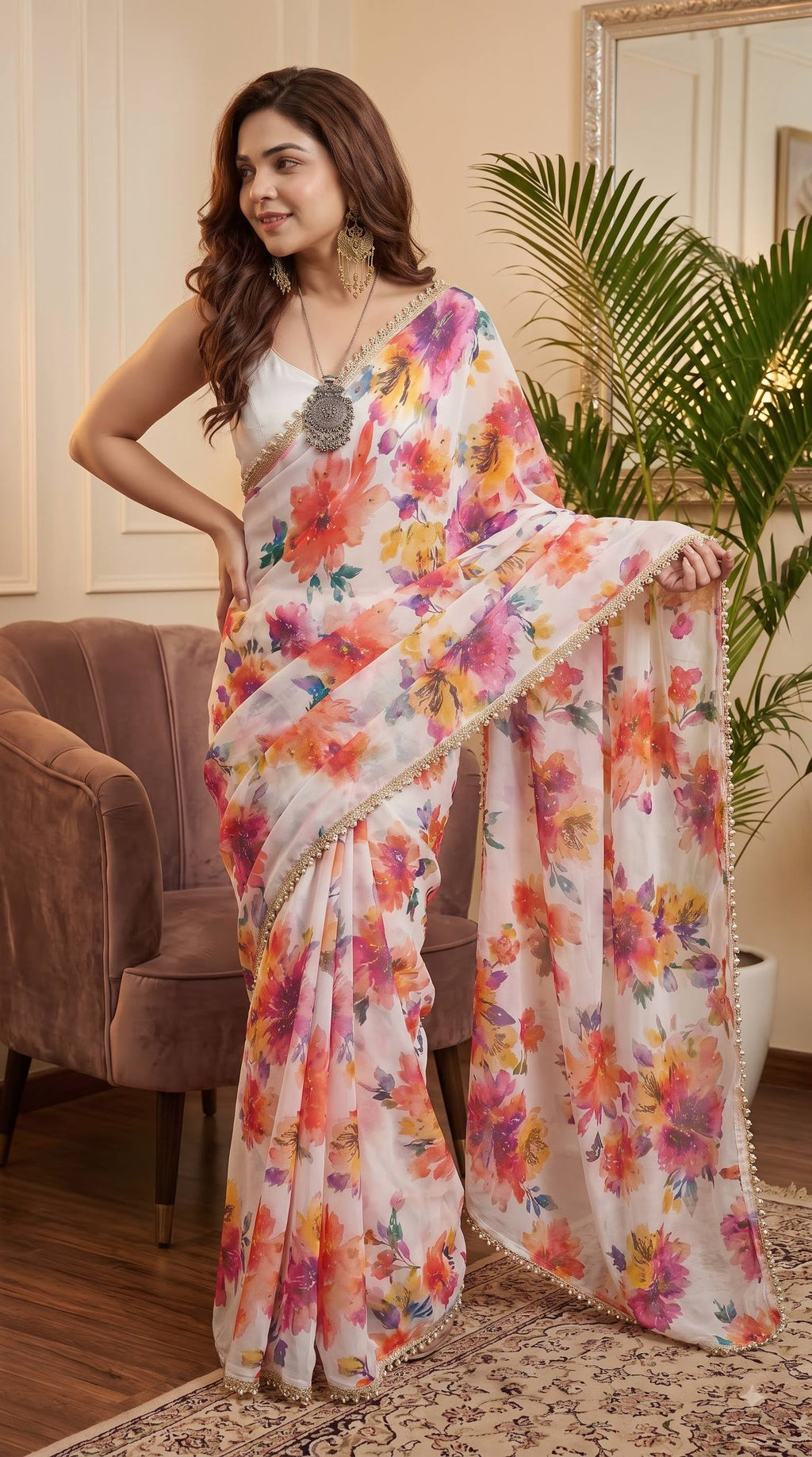 Premium Multicolor Floral Print Saree Collection with Elegant Lace Border – Party Wear