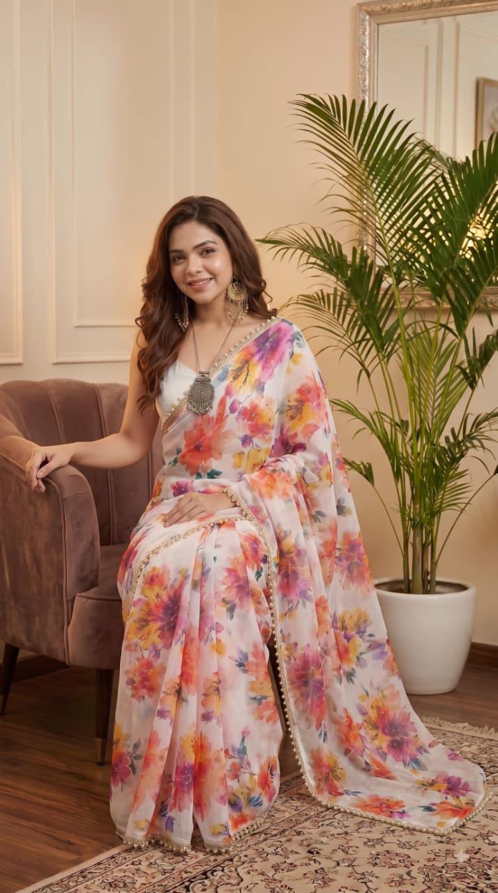 Premium Multicolor Floral Print Saree Collection with Elegant Lace Border – Party Wear