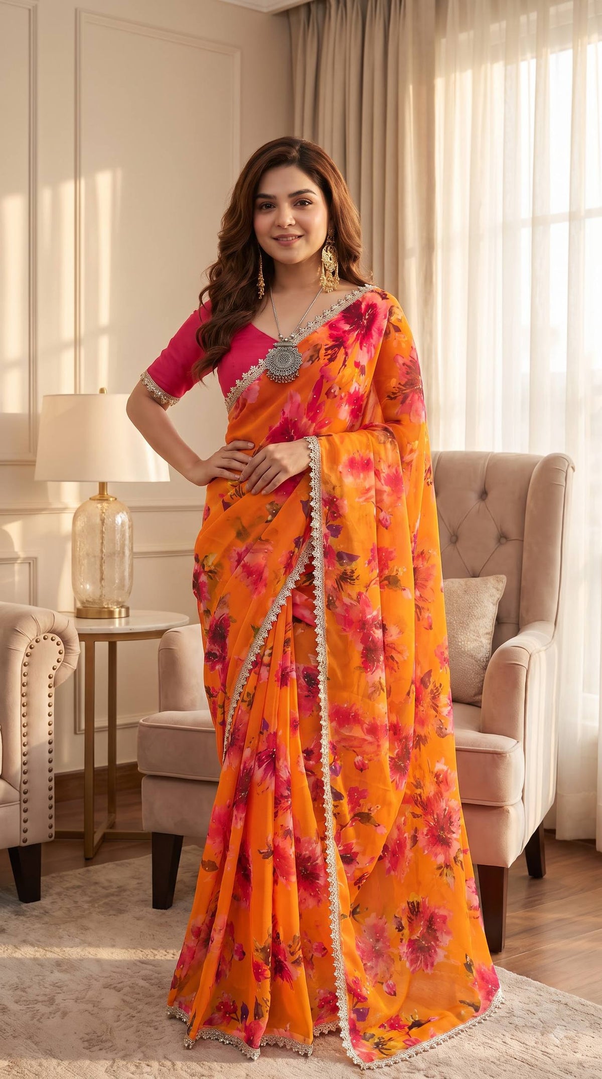 Premium Multicolor Floral Print Saree Collection with Elegant Lace Border – Party Wear