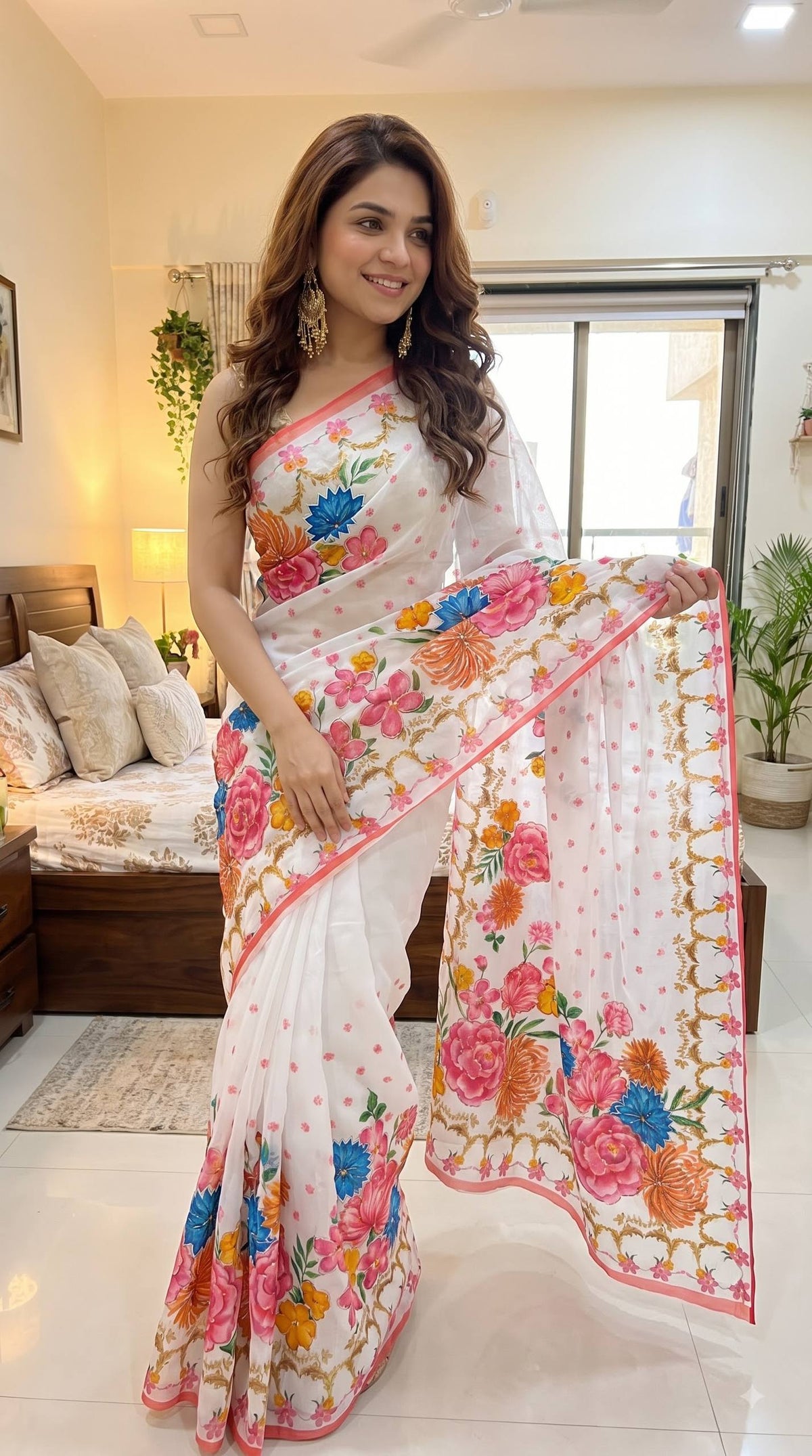 Elegant White Floral Printed Saree with Pink Border & Multicolor Flowers