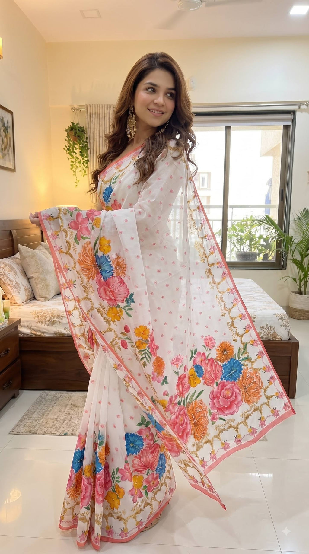 Elegant White Floral Printed Saree with Pink Border & Multicolor Flowers