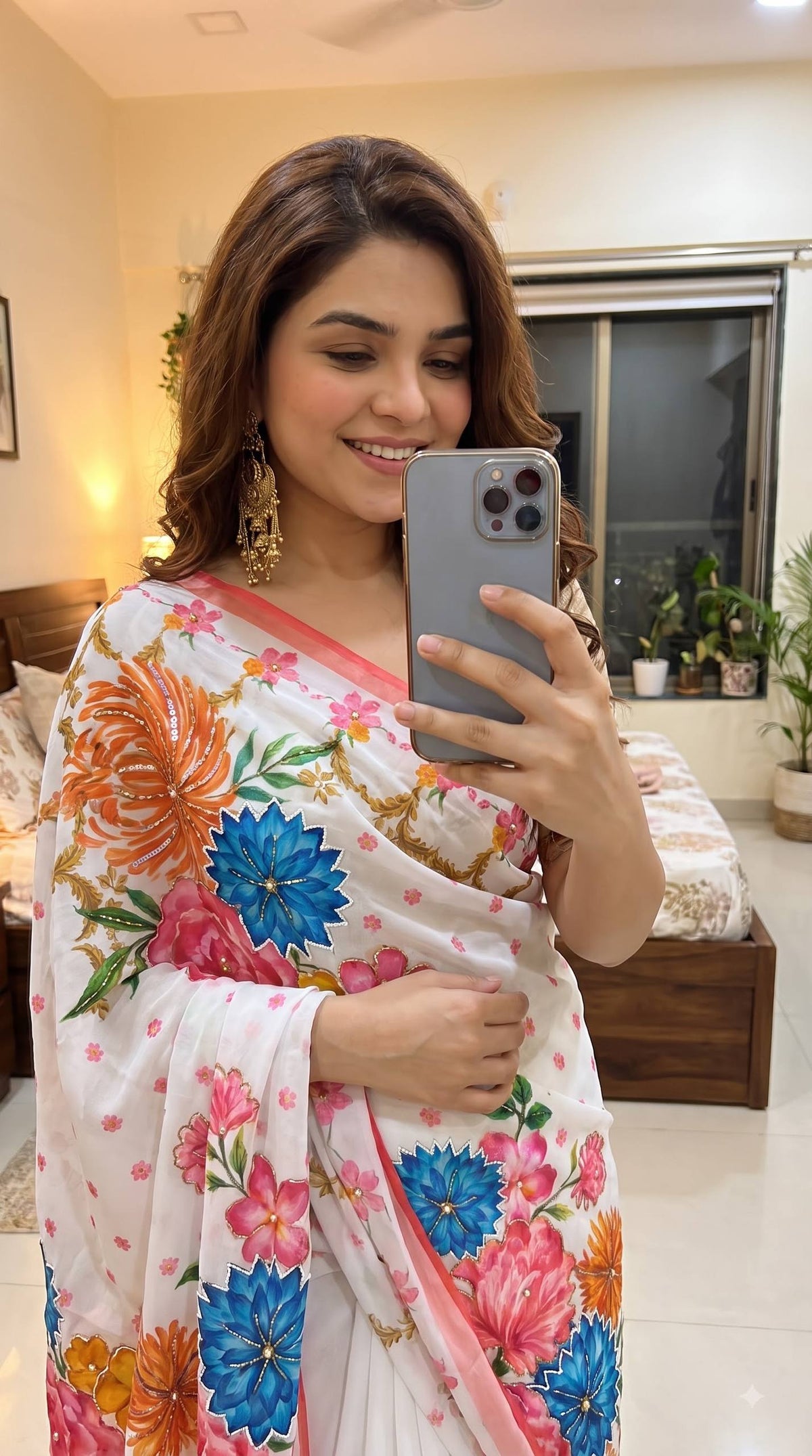 Elegant White Floral Printed Saree with Pink Border & Multicolor Flowers