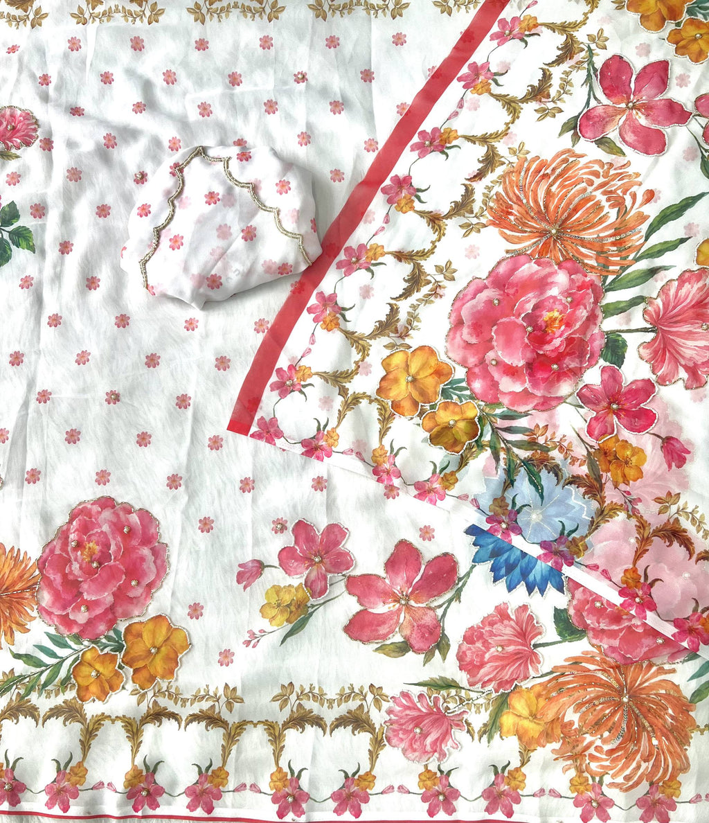 Elegant White Floral Printed Saree with Pink Border & Multicolor Flowers