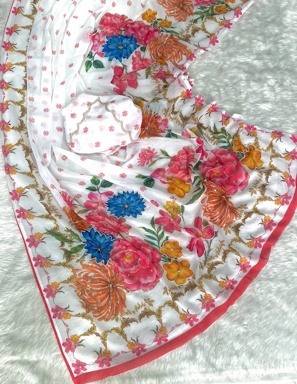 Elegant White Floral Printed Saree with Pink Border & Multicolor Flowers