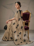 Premium Beige Saree with Black Floral Embroidery & Scalloped Border