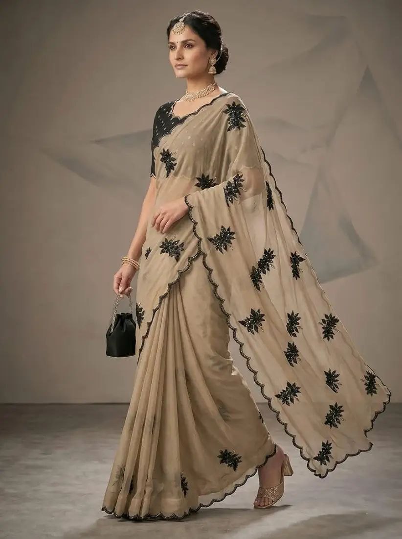 Premium Beige Saree with Black Floral Embroidery & Scalloped Border