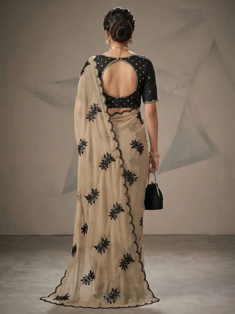 Premium Beige Saree with Black Floral Embroidery & Scalloped Border