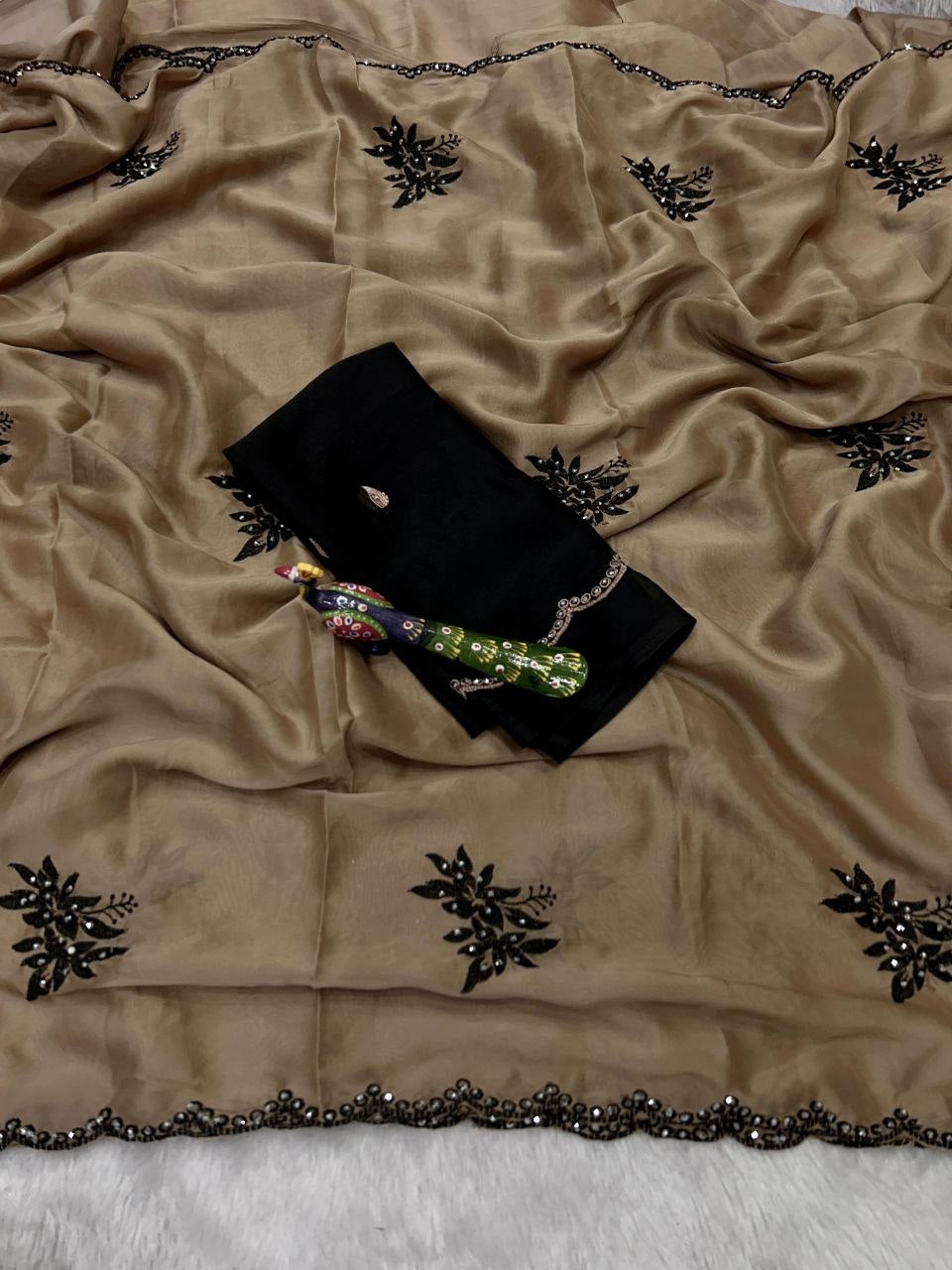Premium Beige Saree with Black Floral Embroidery & Scalloped Border