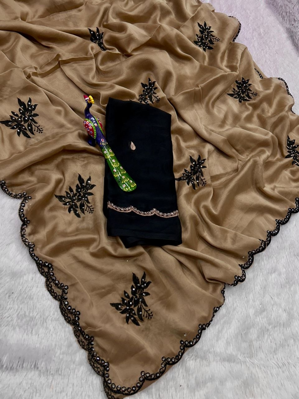 Premium Beige Saree with Black Floral Embroidery & Scalloped Border