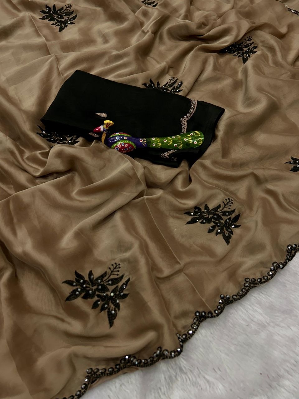 Premium Beige Saree with Black Floral Embroidery & Scalloped Border