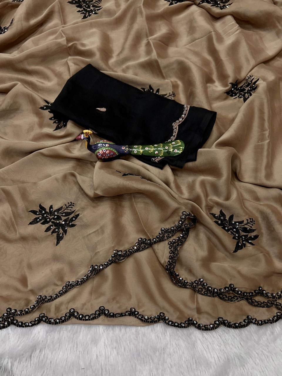 Premium Beige Saree with Black Floral Embroidery & Scalloped Border
