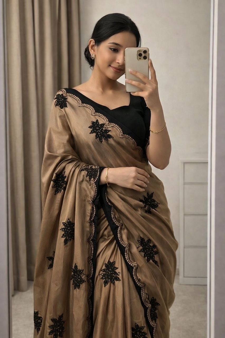Premium Beige Saree with Black Floral Embroidery & Scalloped Border