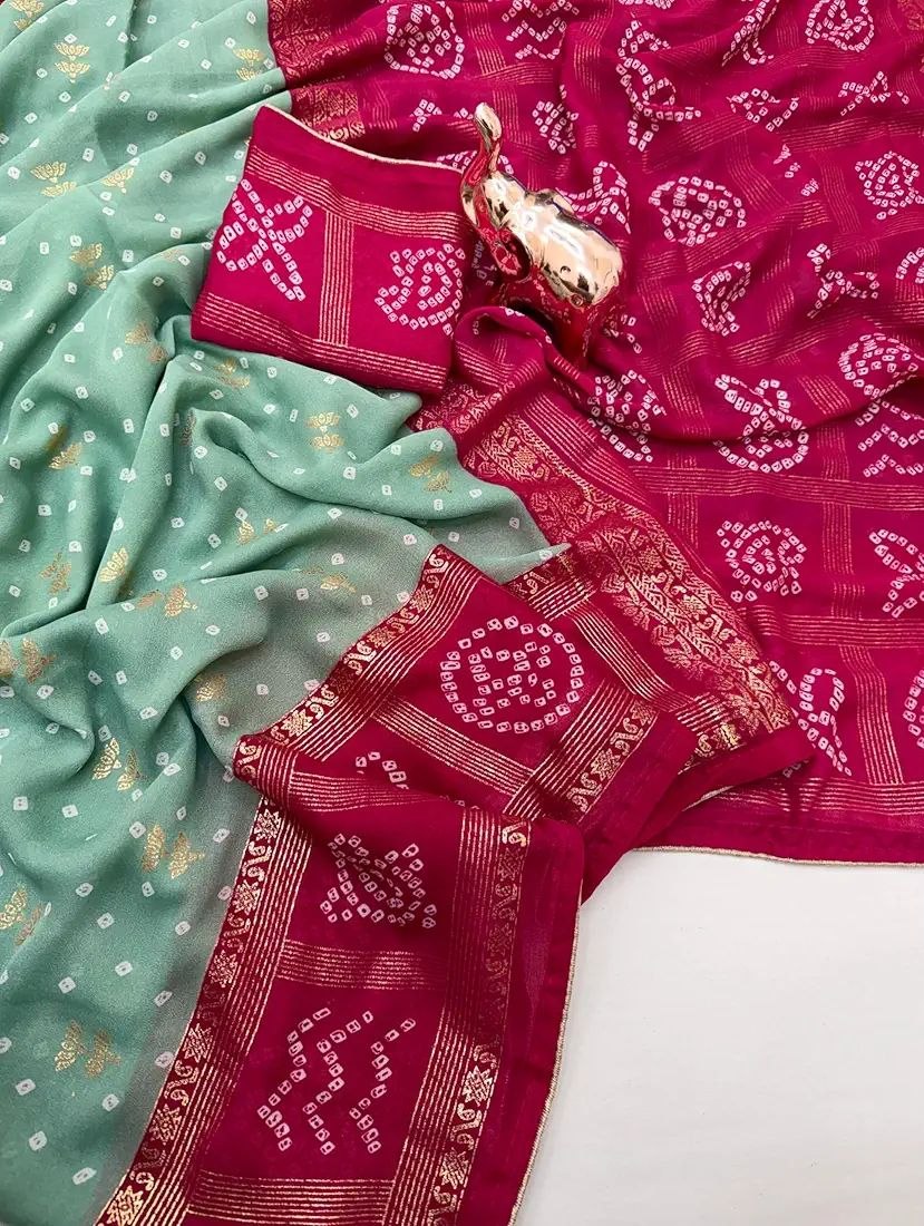 Designer Festive Wear Bandhani Saree Featuring Rich Zari Border & Matching Blouse Piece