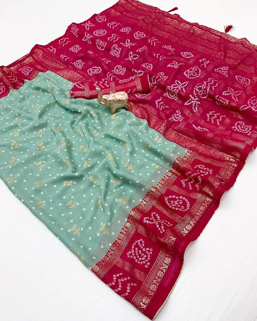 Designer Festive Wear Bandhani Saree Featuring Rich Zari Border & Matching Blouse Piece