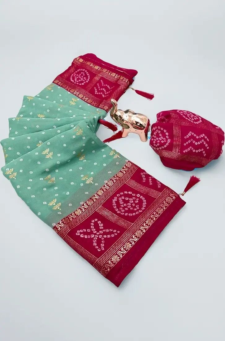 Designer Festive Wear Bandhani Saree Featuring Rich Zari Border & Matching Blouse Piece
