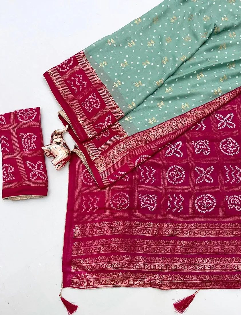 Designer Festive Wear Bandhani Saree Featuring Rich Zari Border & Matching Blouse Piece