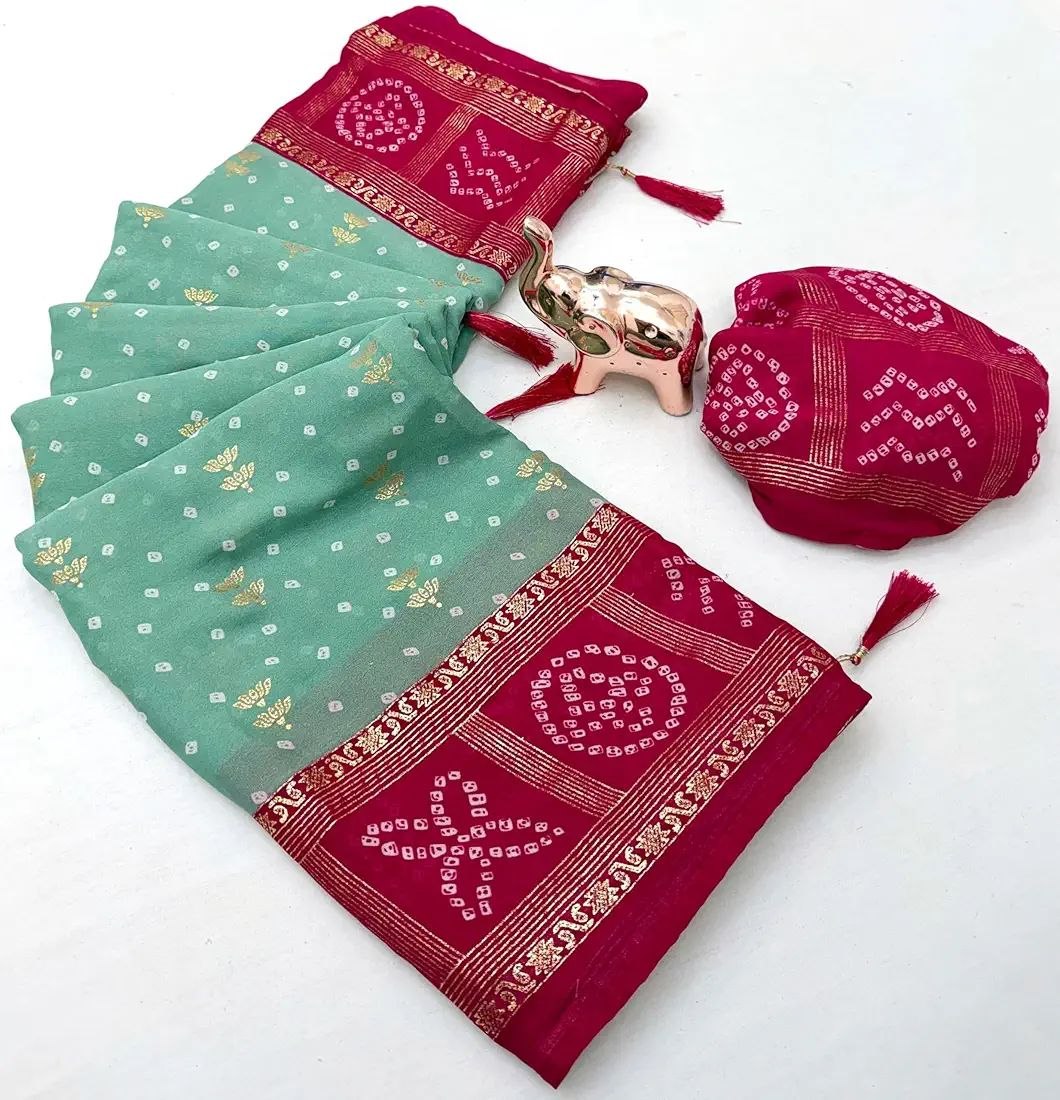 Designer Festive Wear Bandhani Saree Featuring Rich Zari Border & Matching Blouse Piece