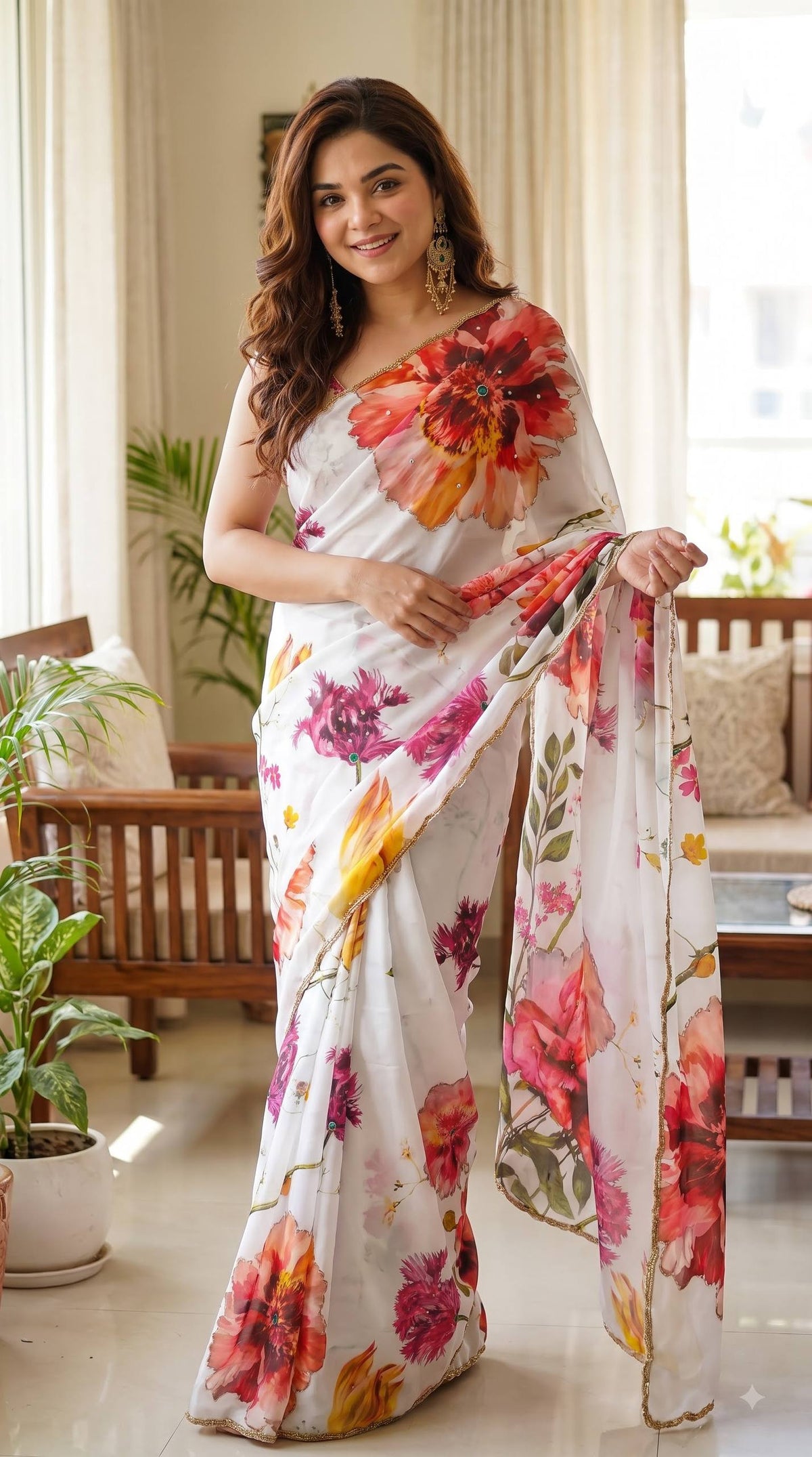 Premium Floral Digital Print Saree with Elegant Golden Lace Border