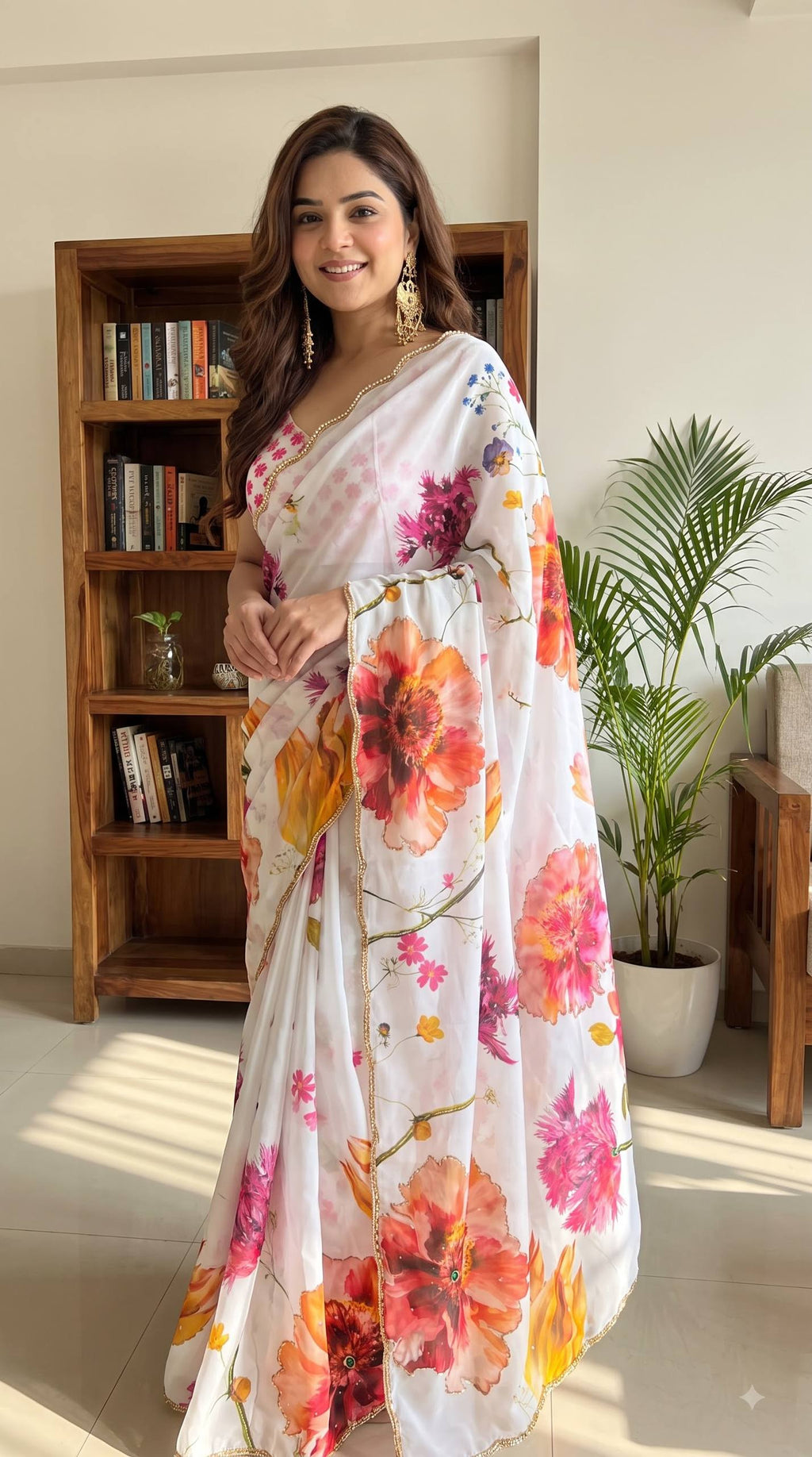 Premium Floral Digital Print Saree with Elegant Golden Lace Border
