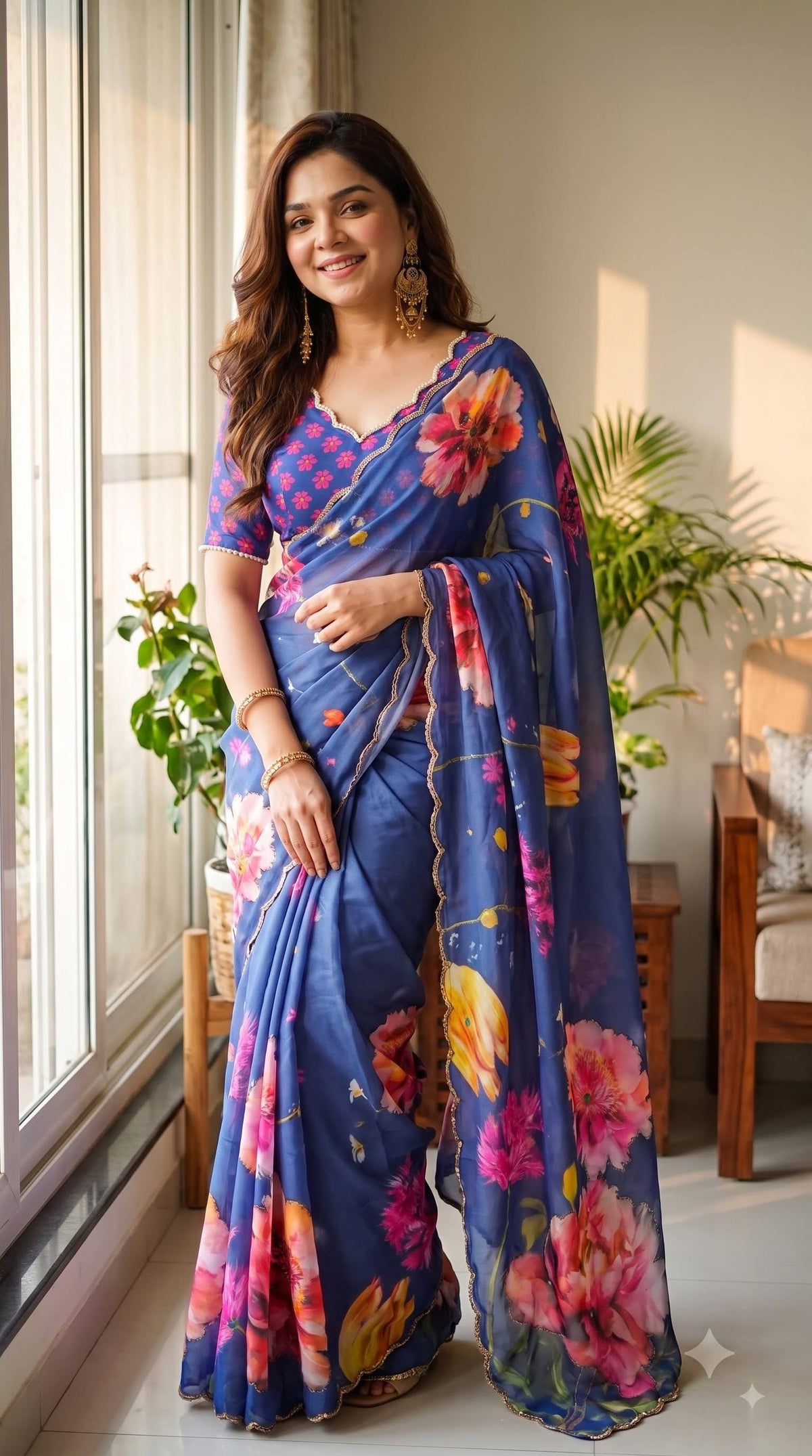 Premium Floral Digital Print Saree with Elegant Golden Lace Border