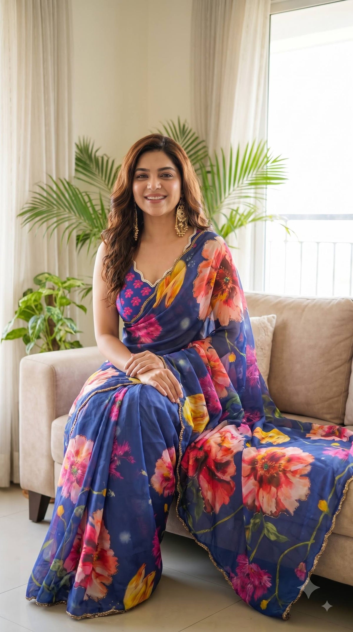 Premium Floral Digital Print Saree with Elegant Golden Lace Border