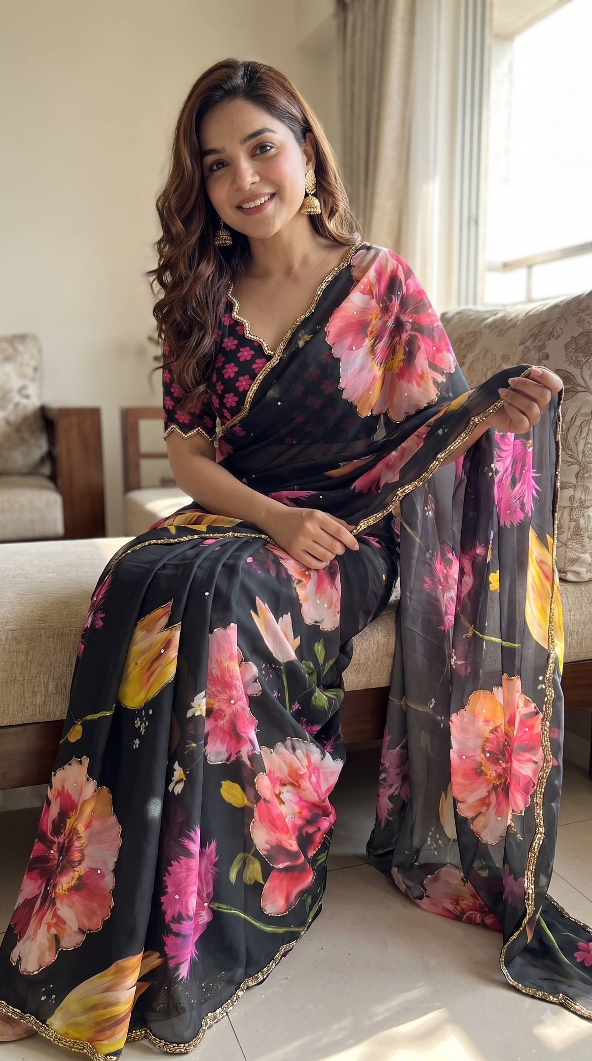 Premium Floral Digital Print Saree with Elegant Golden Lace Border