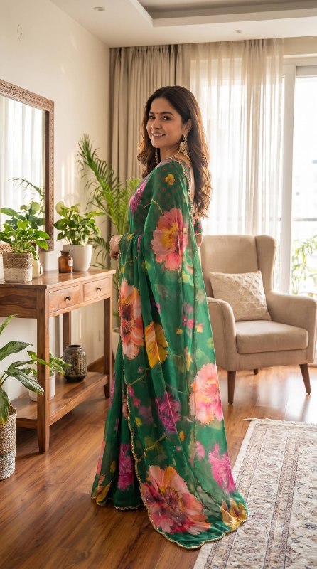 Premium Floral Digital Print Saree with Elegant Golden Lace Border