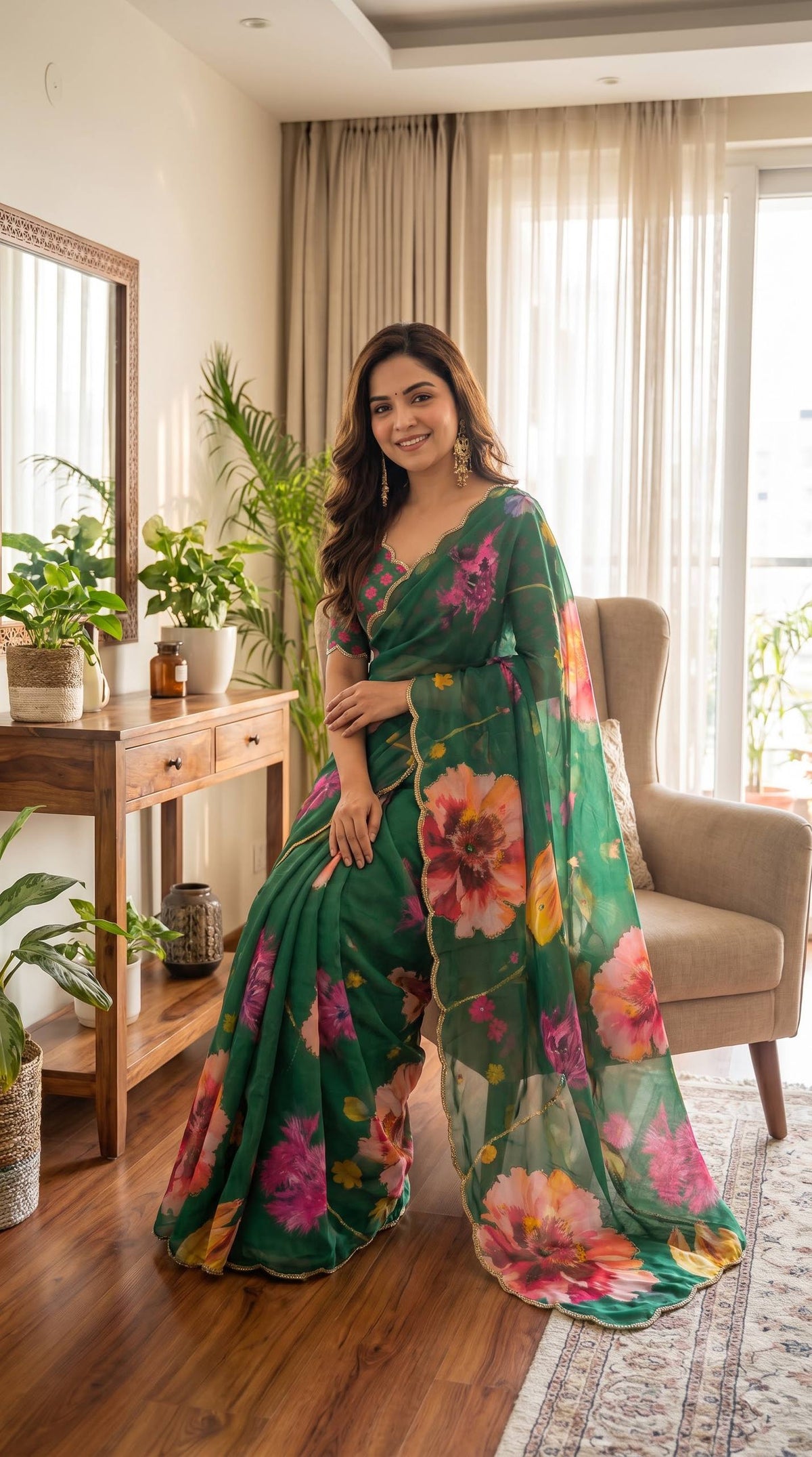 Premium Floral Digital Print Saree with Elegant Golden Lace Border