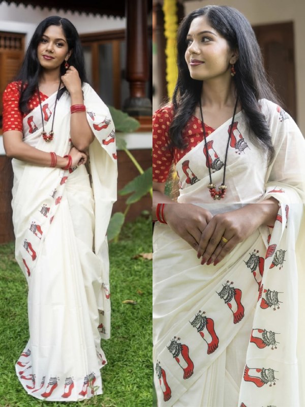 Malabar Heritage Ivory Saree with Red Geometric Border & Traditional Motif Design