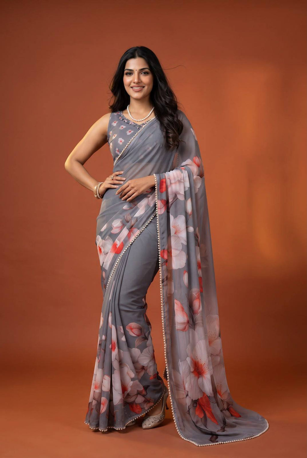 Premium Floral Print Pearl Border Saree – Elegant Multicolor Collection