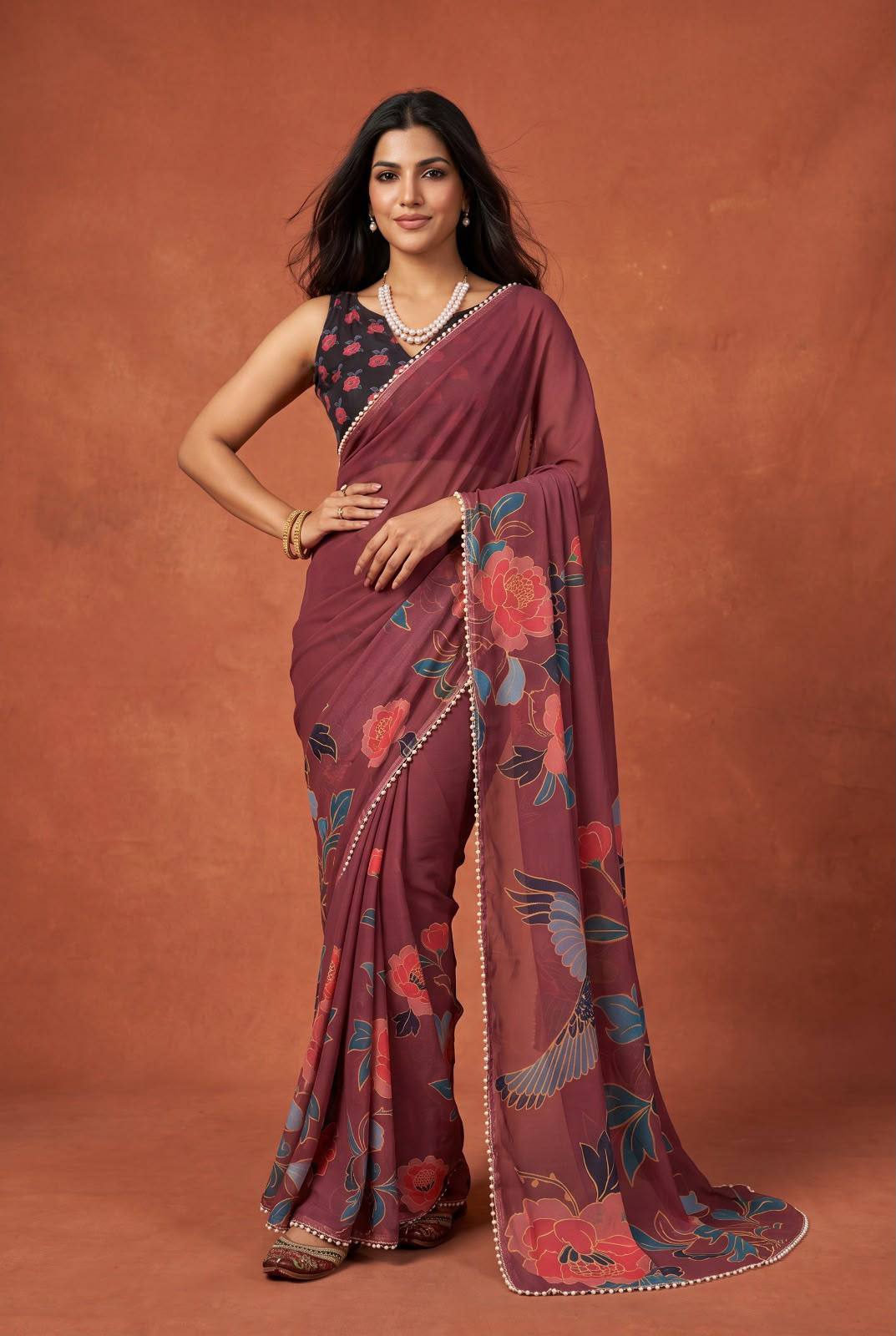 Premium Floral Print Pearl Border Saree – Elegant Multicolor Collection