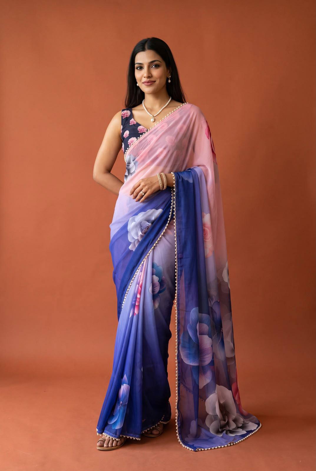 Premium Floral Print Pearl Border Saree – Elegant Multicolor Collection