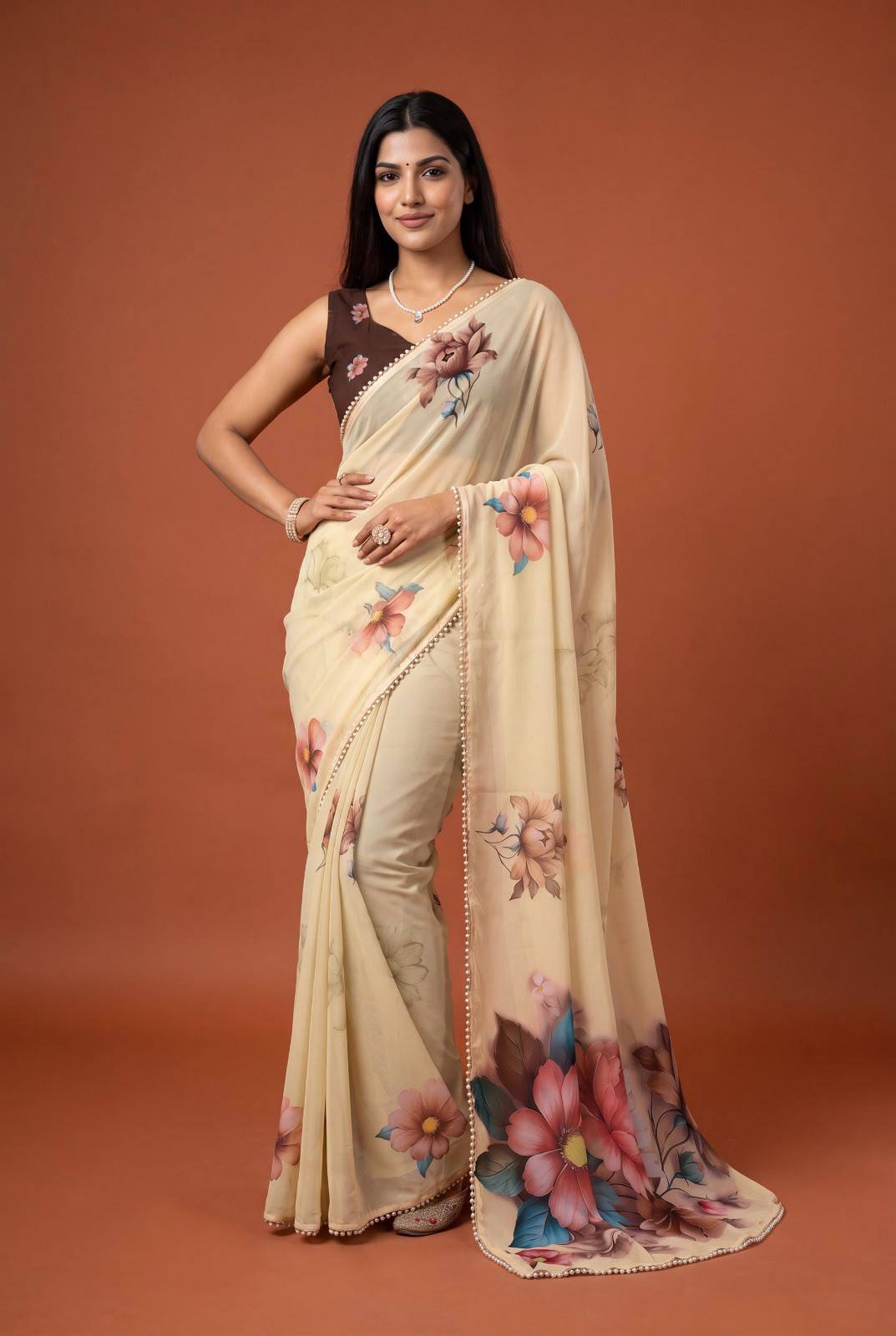 Premium Floral Print Pearl Border Saree – Elegant Multicolor Collection