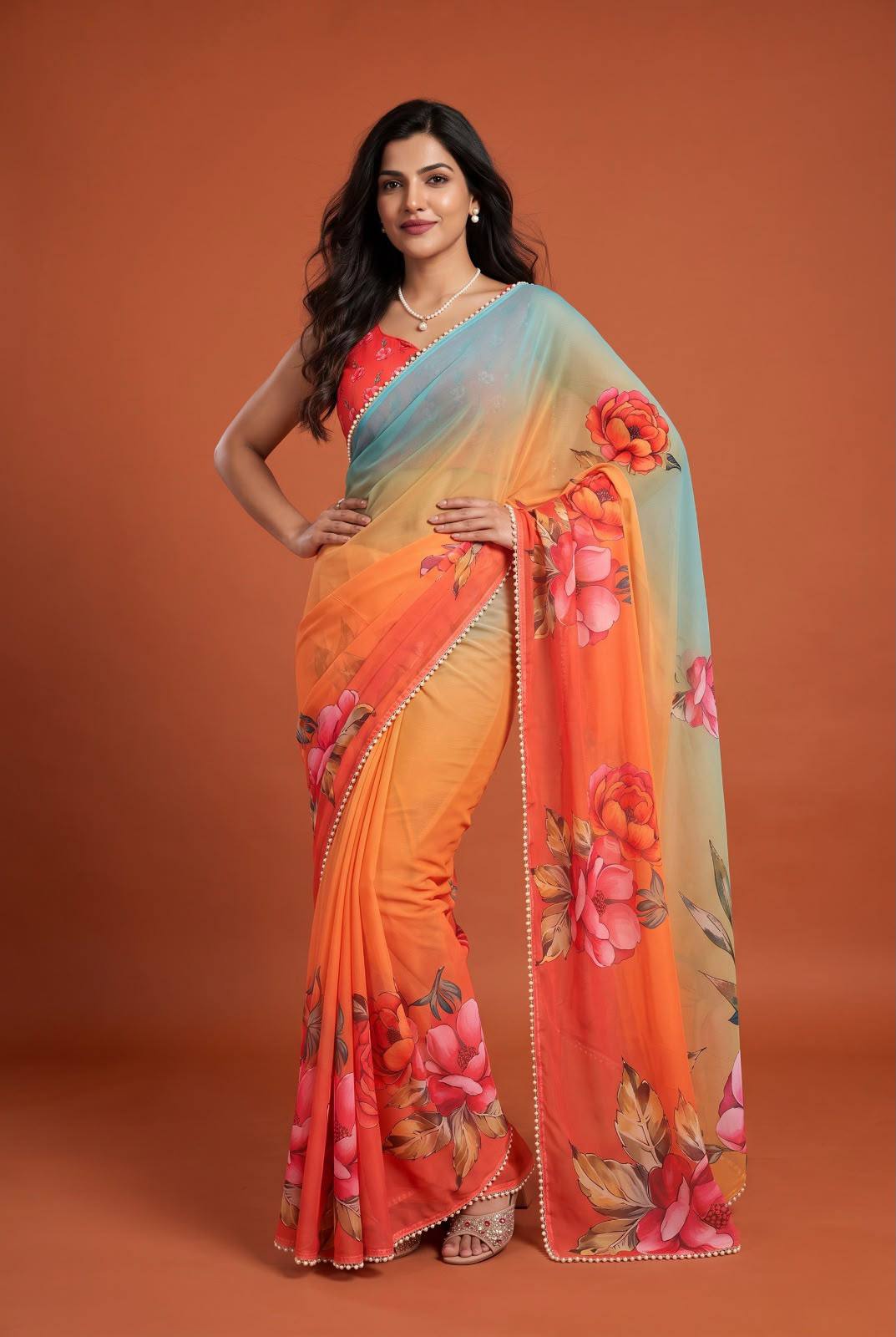 Premium Floral Print Pearl Border Saree – Elegant Multicolor Collection