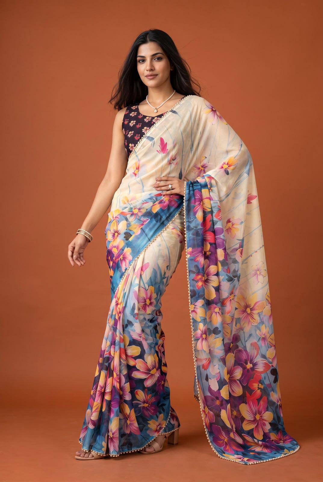 Premium Floral Print Pearl Border Saree – Elegant Multicolor Collection