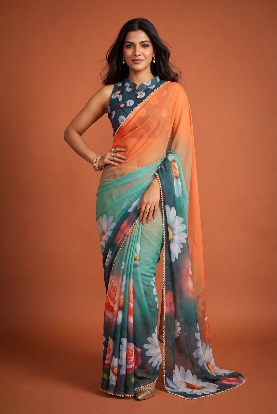 Premium Floral Print Pearl Border Saree – Elegant Multicolor Collection