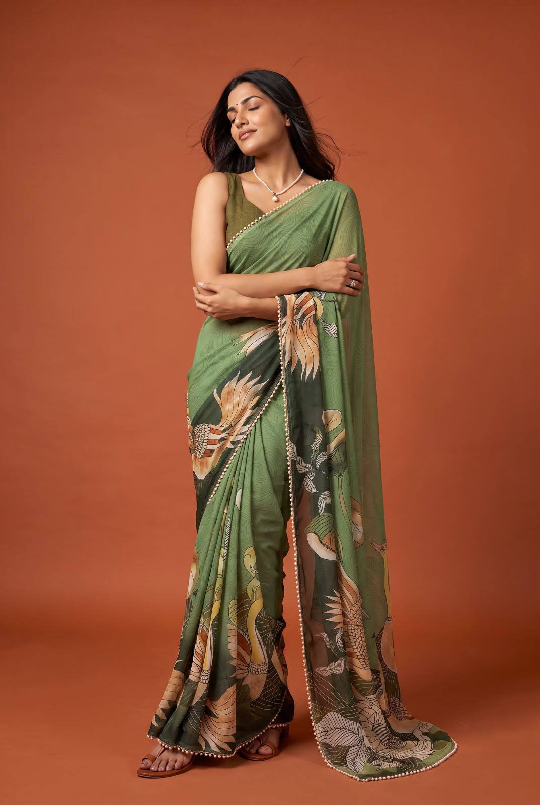 Premium Floral Print Pearl Border Saree – Elegant Multicolor Collection
