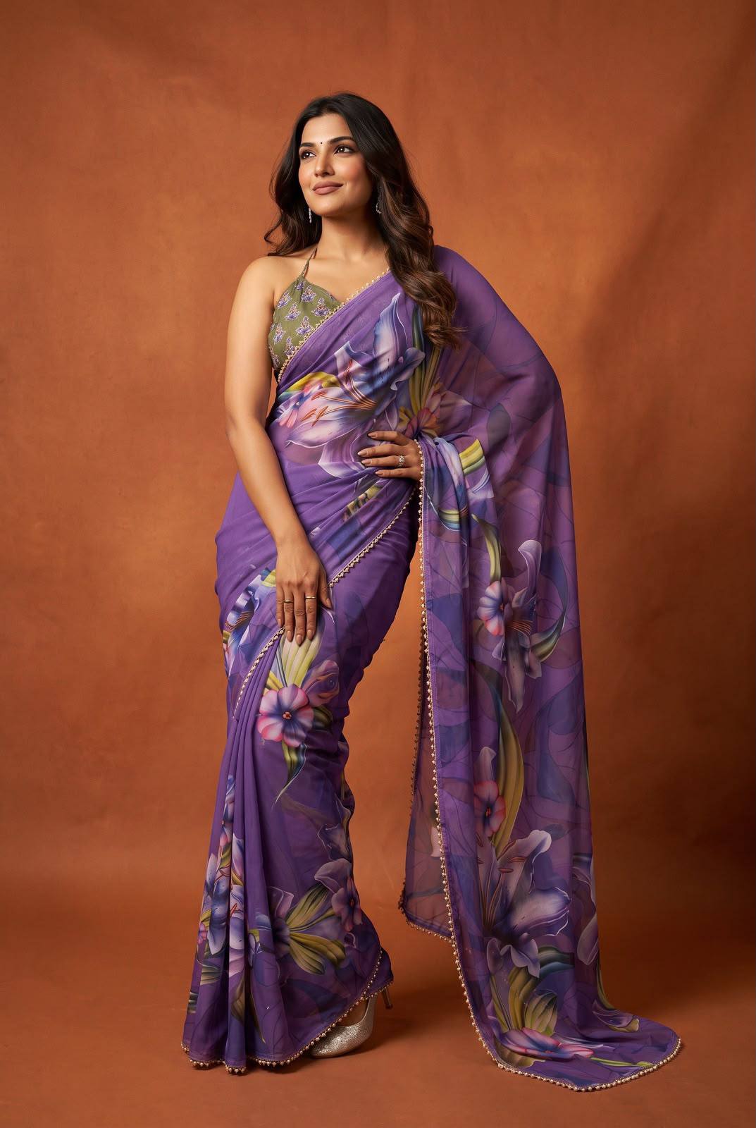 Premium Floral Print Pearl Border Saree – Elegant Multicolor Collection