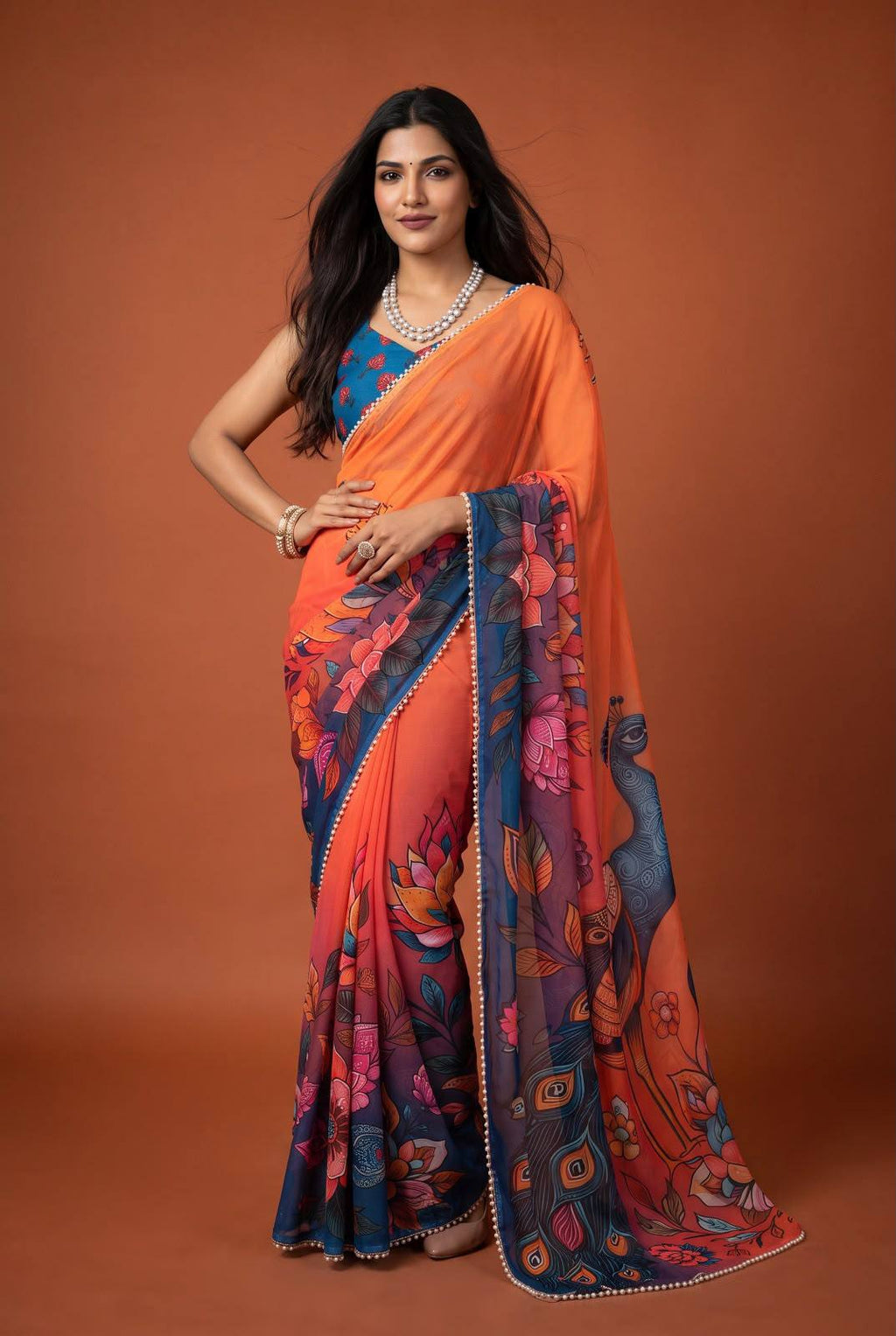 Premium Floral Print Pearl Border Saree – Elegant Multicolor Collection