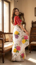 Elegant Floral Embroidered White Saree with Multicolor Flowers & Designer Red Blouse