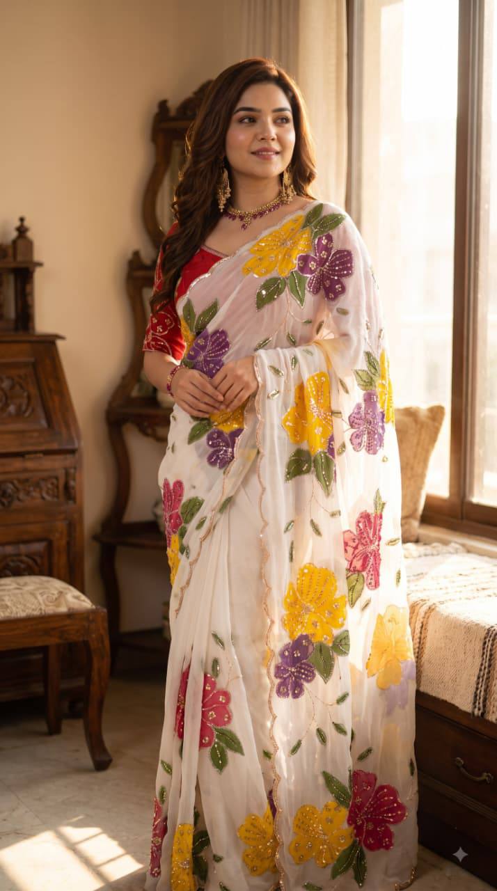 Elegant Floral Embroidered White Saree with Multicolor Flowers & Designer Red Blouse