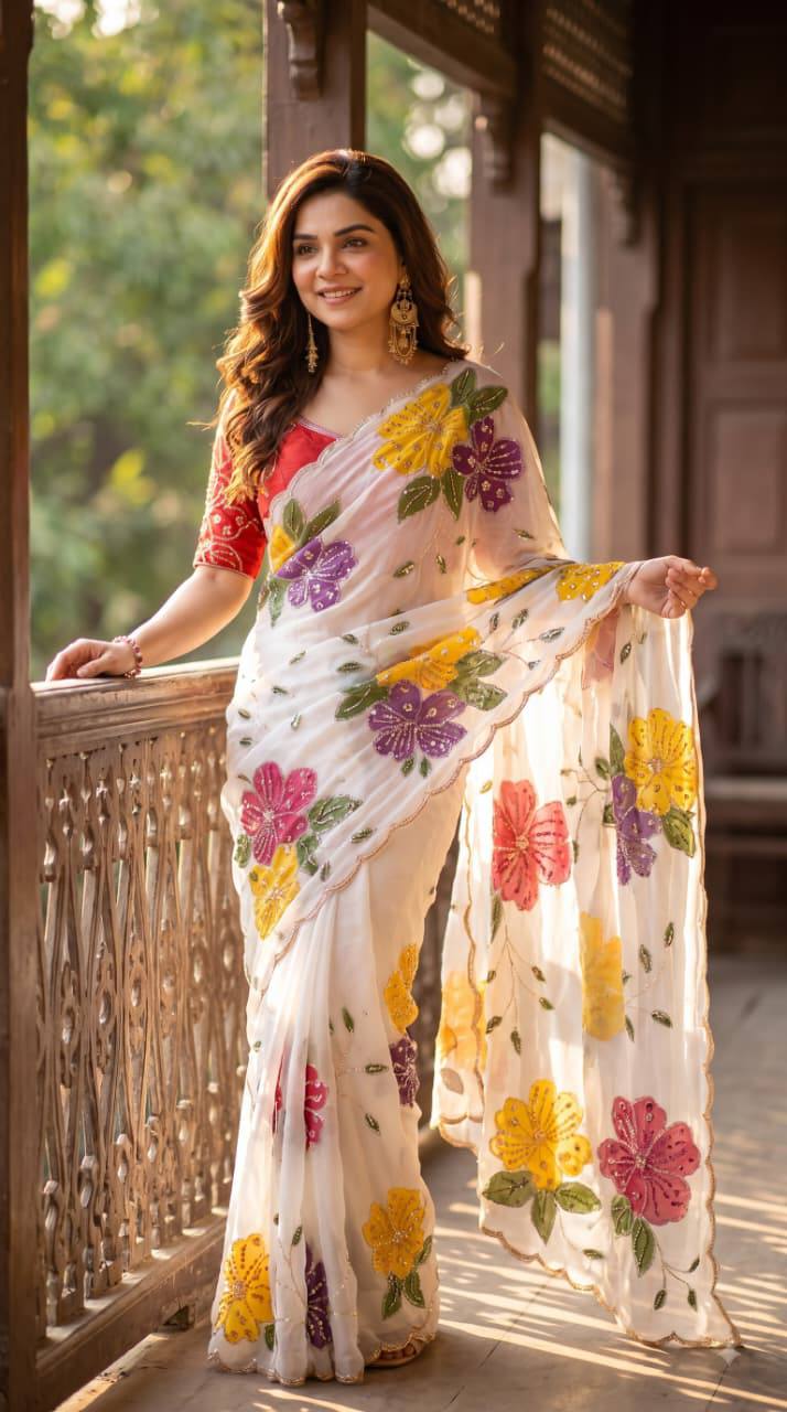 Elegant Floral Embroidered White Saree with Multicolor Flowers & Designer Red Blouse