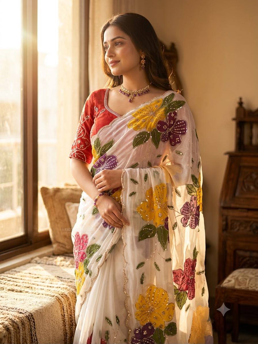 Elegant Floral Embroidered White Saree with Multicolor Flowers & Designer Red Blouse